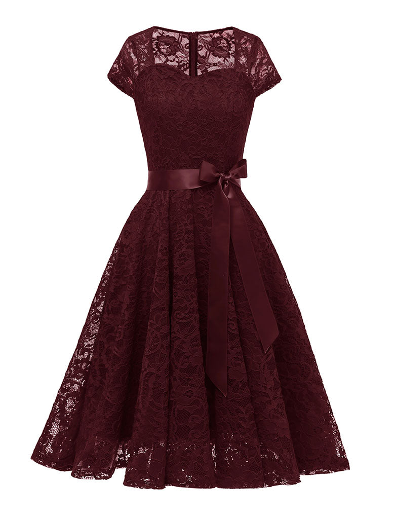 50s semi formal dress Navy Semi Sheer Solid Color 50s Party Lace Swing Dress, Wine Red / S
