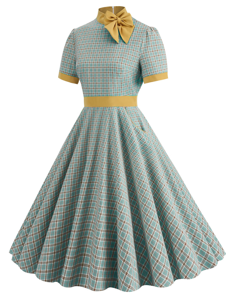 50s swing dress 1950s Bow Collar Plaid Vintage Swing Dress – Jolly Vintage
