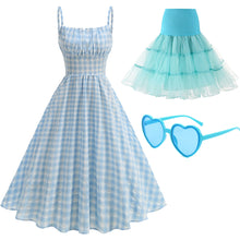 Load image into Gallery viewer, Blue And White Plaid Strap Classis Style 1950S Vintage Dress Set