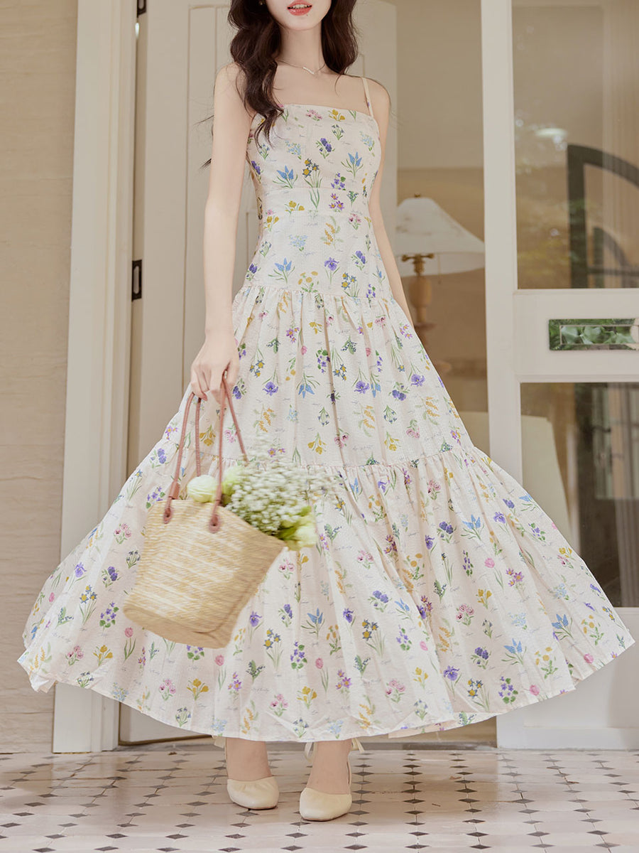 blue and white spaghetti strap floral dress A-line V Neck Chiffon Sweep Train Prom Dress with Ruffles Split Floral Print S8834P - Prom Dresses
