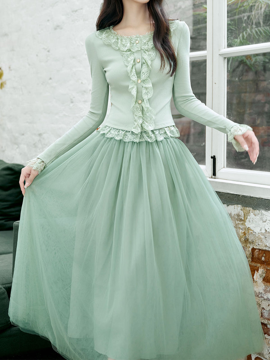 Green Lace Top with Layered Tulle Skirt Enchanted Garden Romantic