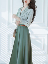 Load image into Gallery viewer, 2PS Green V Neck Long Sleeve Shirt And  Swing Skirt 1950S Dresss Set