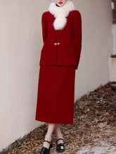 Load image into Gallery viewer, 2PS Red Round Collar Long Sleeve Wool Coat With Strap Dress Suit