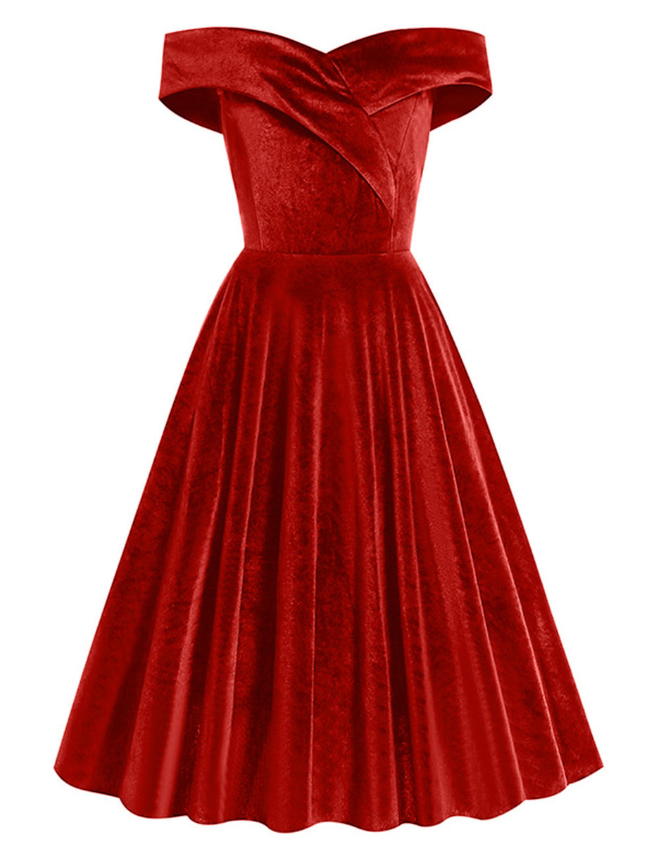 red velvet off the shoulder dress Christmas Red Off Shoulder Velvet 1950S Vintage Swing Dress – Jolly Vintage