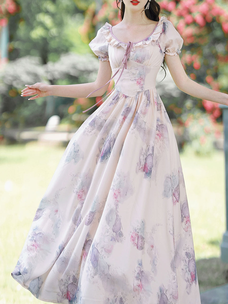 Purple Round Neck Ruffle Short Puff Sleeve Corset Vintage Fairy Dress Purple / L
