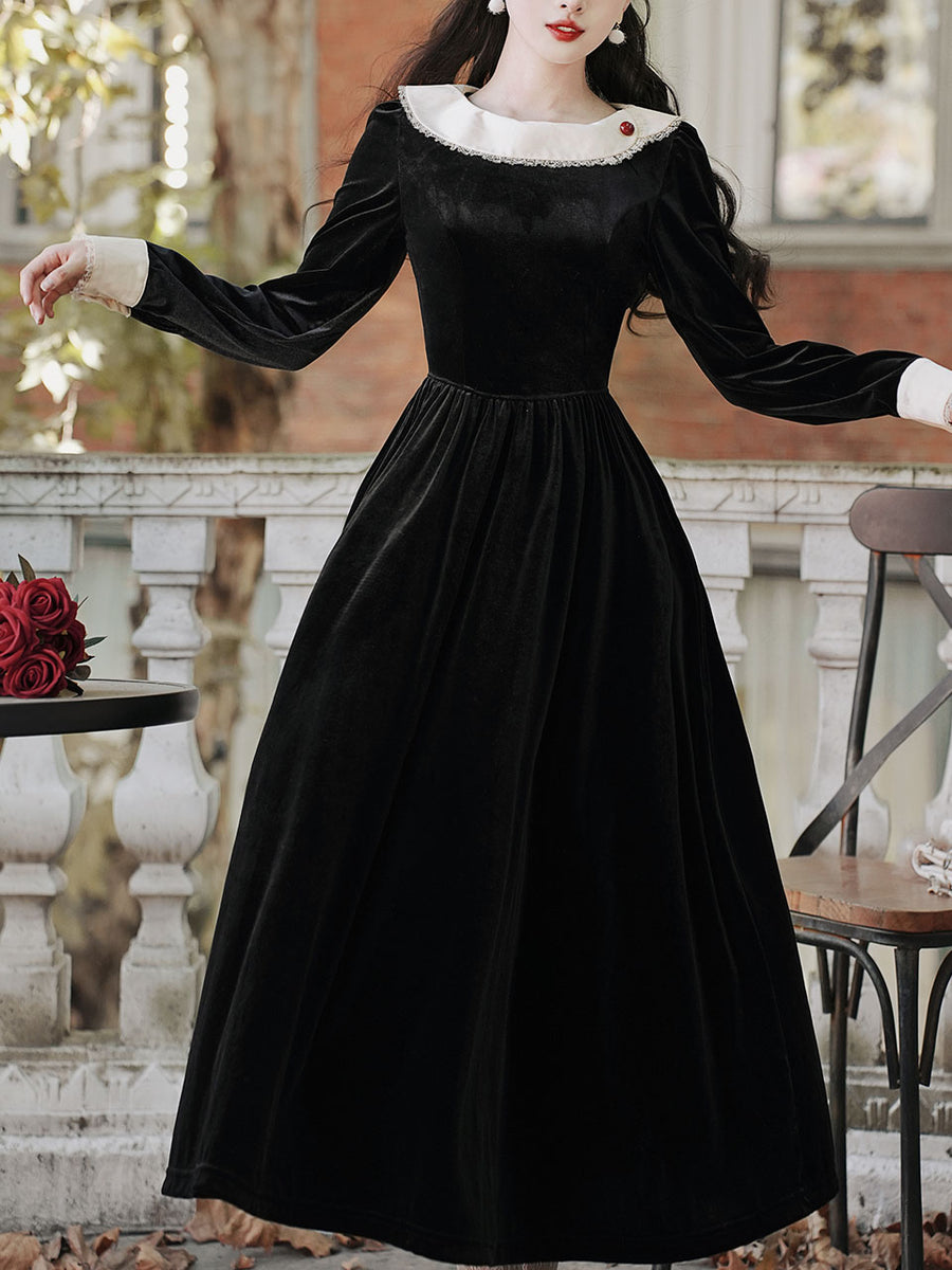 White Bertha Collar 1950S Black Velvet Hepburn Style Vintage Dress, Black / S