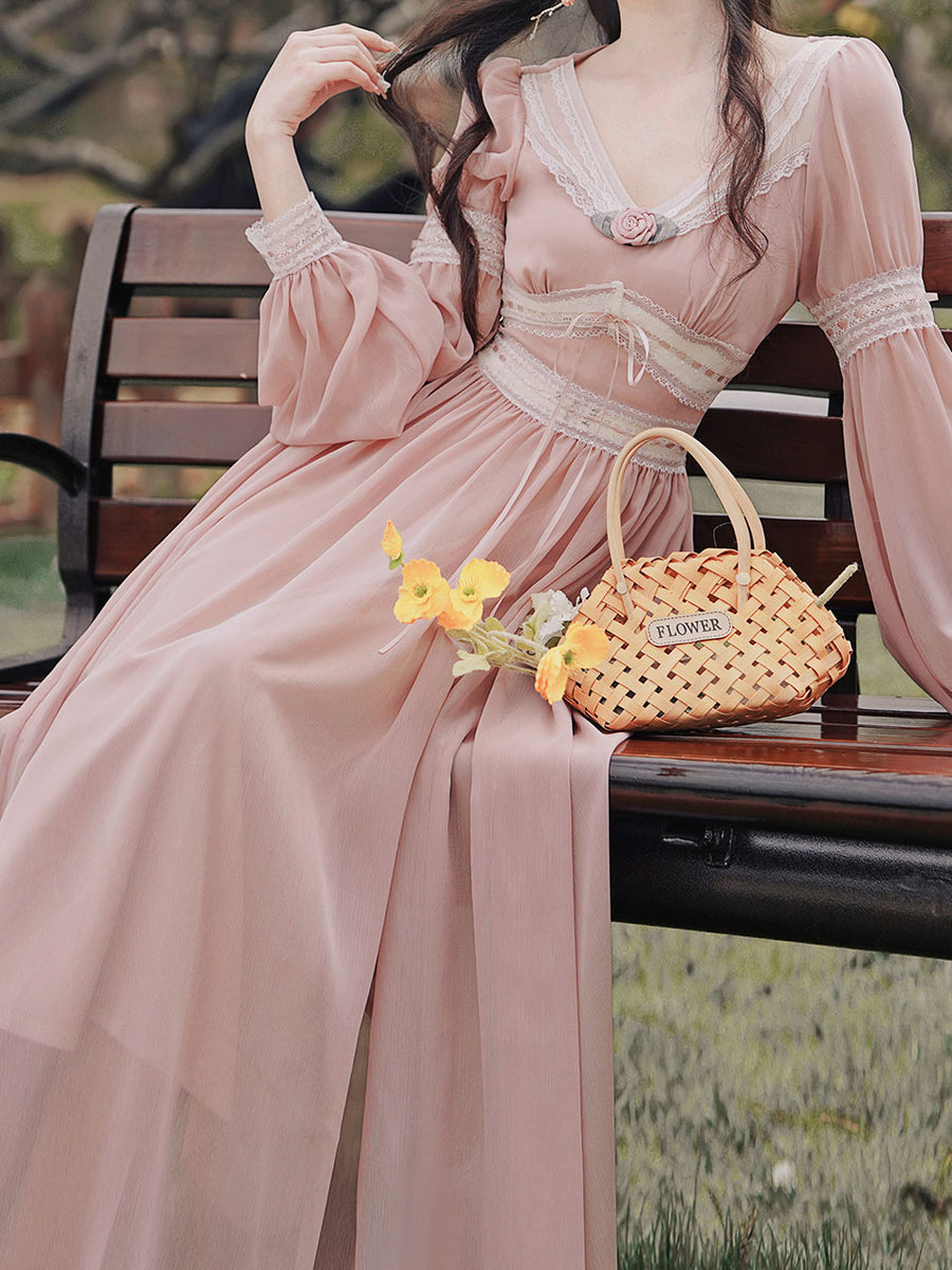 Pink Rose Girl Retro Lace V-neck Chiffon Long Lantern Sleeve Coquette Dress Pink / M