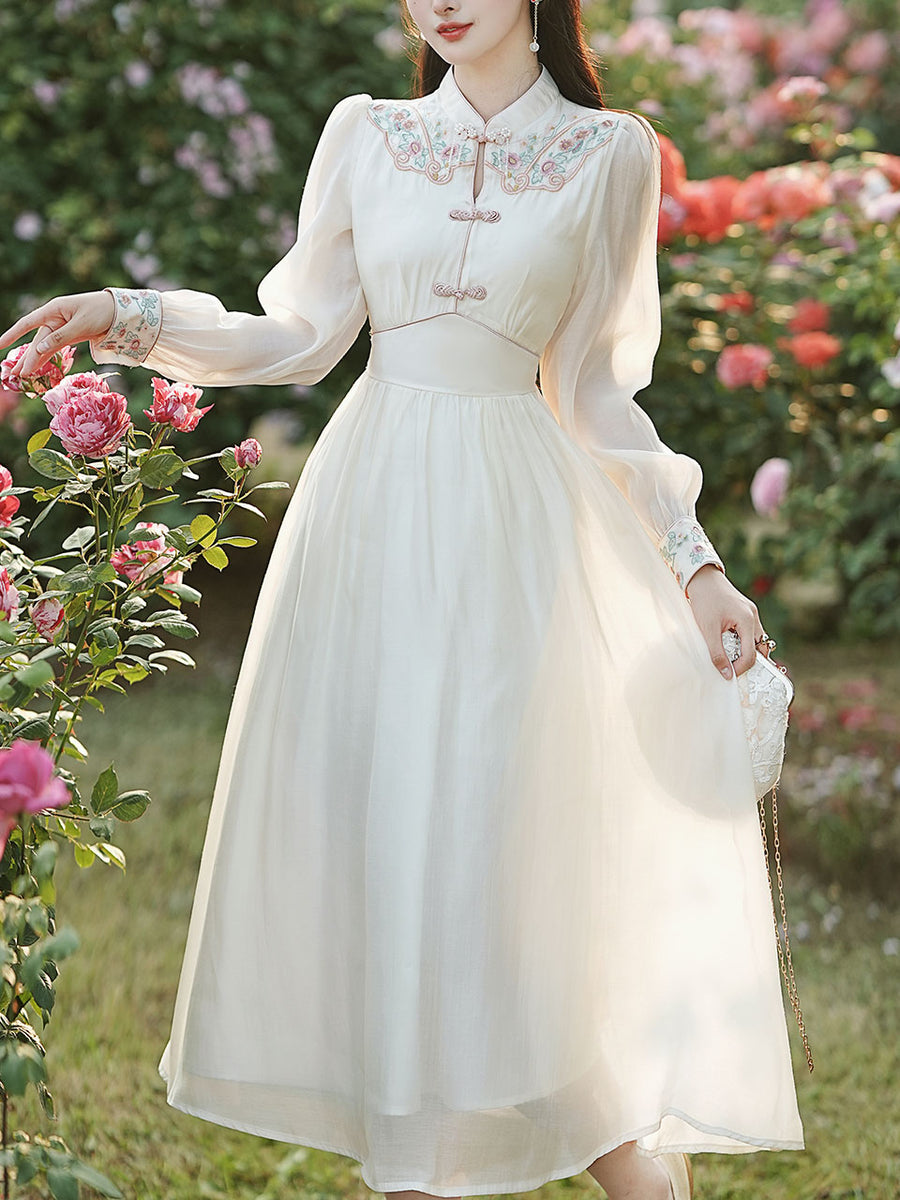 White Embroidered Long Sleeve Dress with Frog Buttons – Jolly Vintage