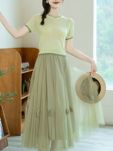 2PS Green Knitted Sweater And Swing Mesh Fairy Skirt Dress Set