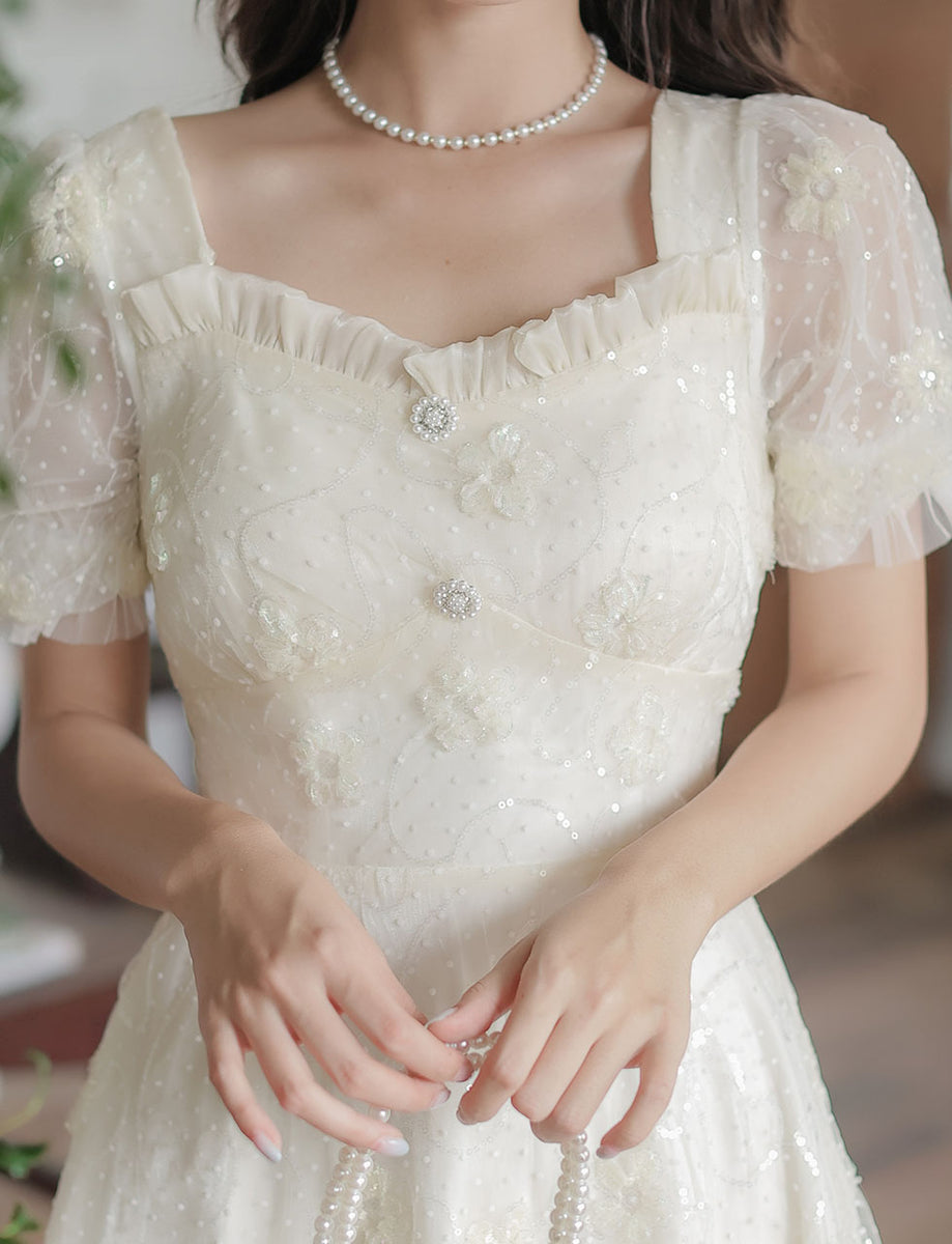 White Flower Sequined Puff Short Sleeve Princess Vintage Dress, White / M