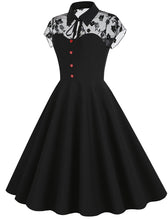 Load image into Gallery viewer, Black Peter Pan Semi Mesh Flower Short Sleeve 50S Swing Dress