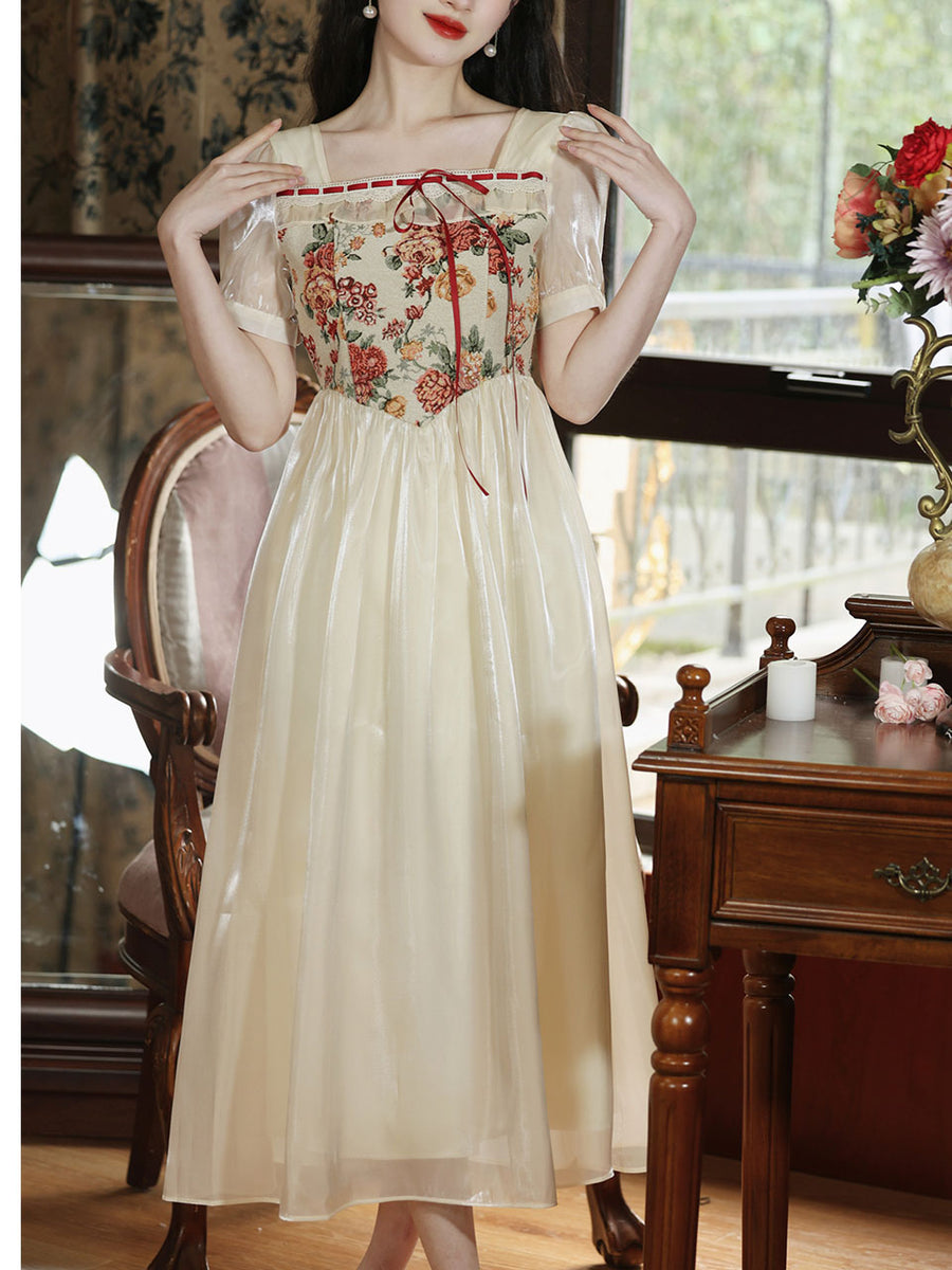 Apricot Square Collar Floral Print Corset Short Sleeve Vintage 1950S D