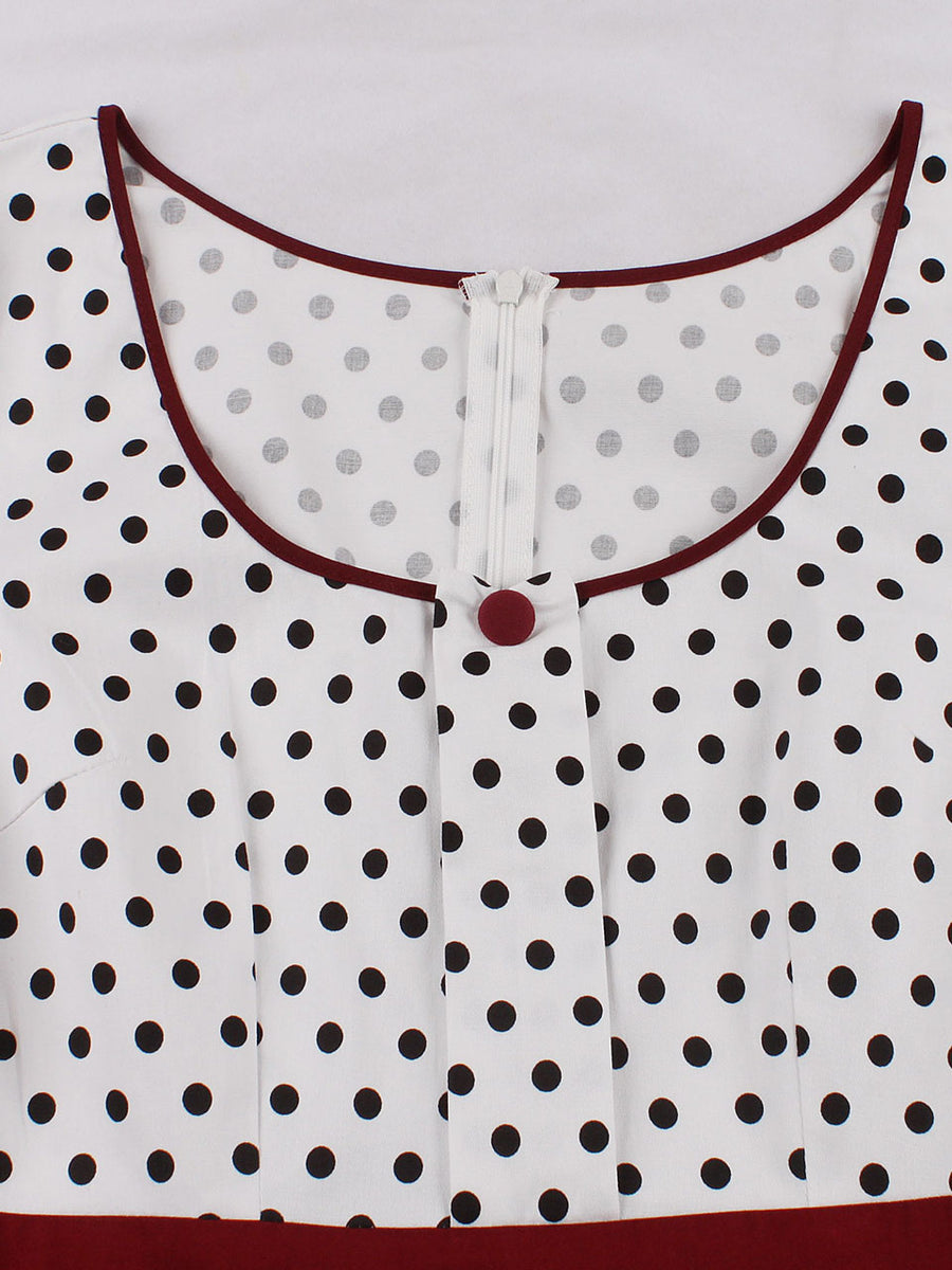 White Polka Dots Square Collar Puff Sleeve 1950S Vintage Swing Dress