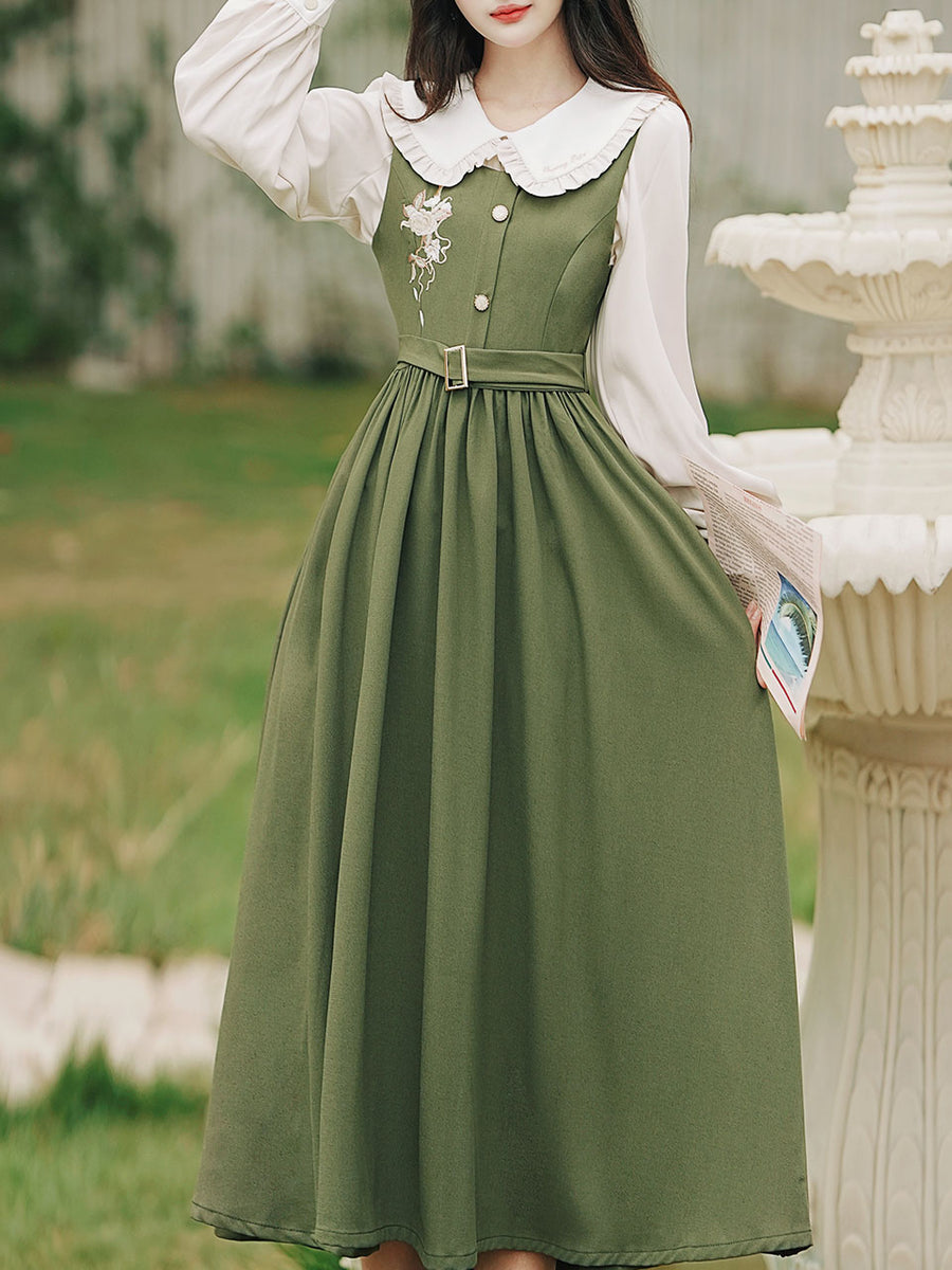 2PS Peter Pan Collar Vintage Fall Shirt Set Dress, Green / L