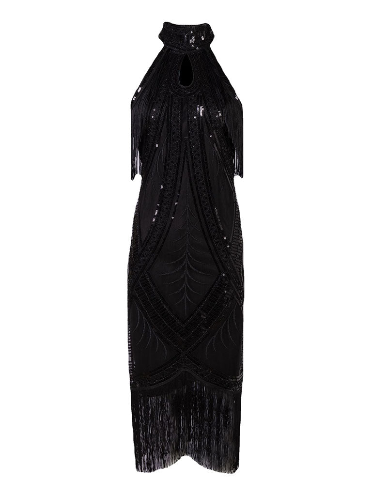 Apricot Cold Shoulder Gatsby Glitter Fringe 1920s Flapper Dress, Black / XL Apricot Cold Shoulder Gatsby Glitter Fringe 1920s Flapper Dress, Black / XL