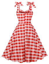 Load image into Gallery viewer, Red And White Plaid Straps Bow Retro Swing Dress