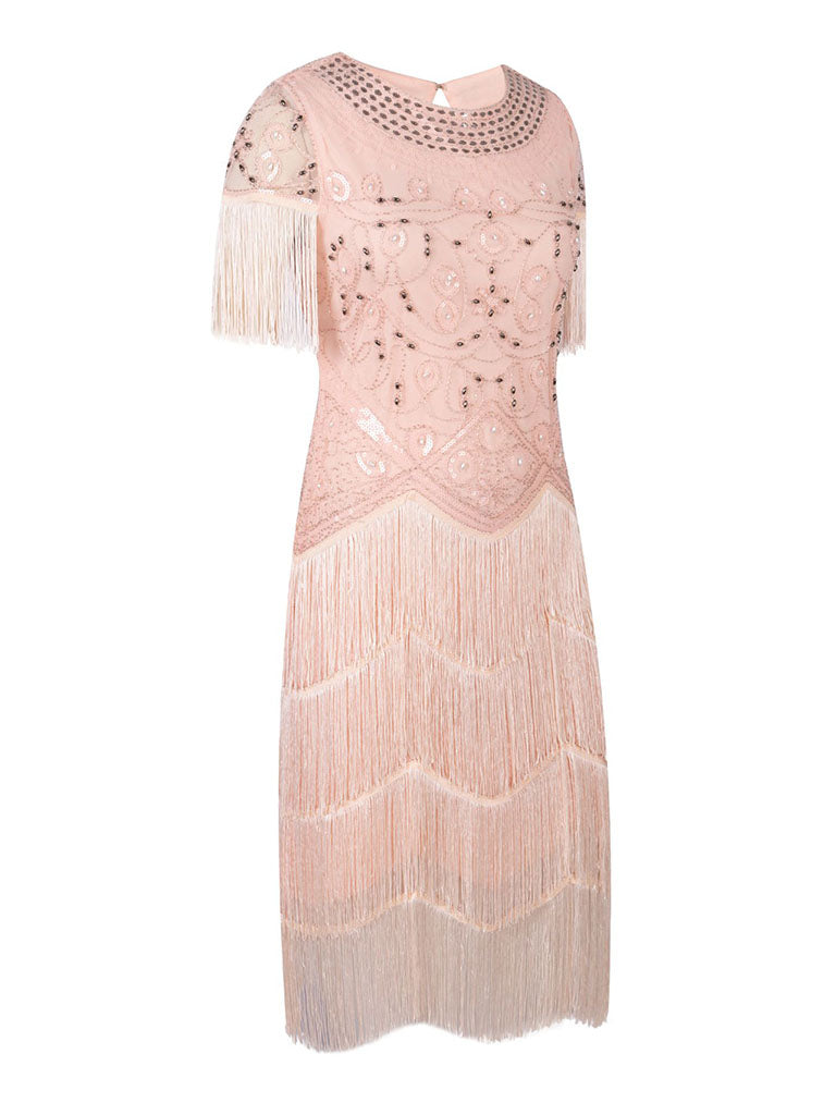Pink Gatsby Glitter Fringe 1920s Flapper Dress, Gray / L
