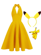 Load image into Gallery viewer, Yellow Pikachu Inspired Pokemon Halter Backless 1950S Vintage Dress with Headband