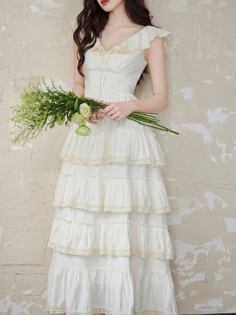 White Ruffles V Neck Layered Lace Maxi Vintage Dress, White / S