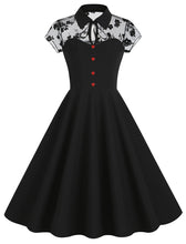 Load image into Gallery viewer, Black Peter Pan Semi Mesh Flower Short Sleeve 50S Swing Dress