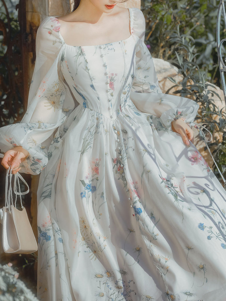 1950s floral embroidery lace dress White Square Collar Print Long Sleeve Vintage Dress, White / S Color:Light Blue Mint Siena Women's Sweetheart Neck White Dress Length mini kaftan for women