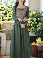 Load image into Gallery viewer, Green Floral Print Long Sleeve Vintage Cottagecore Cotton Dress
