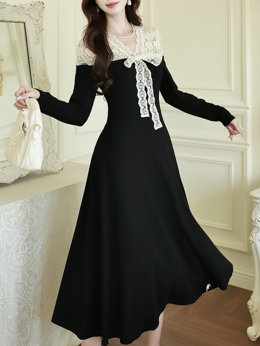 Classic White Lace Audrey Hepburn Style Black Dress, Black / M