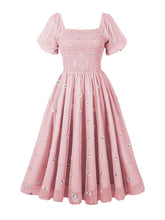 Load image into Gallery viewer, Blue Daisy Puff Sleeve Smocking 1950S Vintage Dress