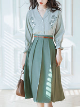 Load image into Gallery viewer, 2PS Green V Neck Long Sleeve Shirt And  Swing Skirt 1950S Dresss Set