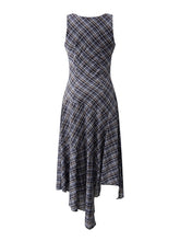 Load image into Gallery viewer, Navy Retro Plaid Crew Neck Sleeveless Irregular Hem Vintage Dress