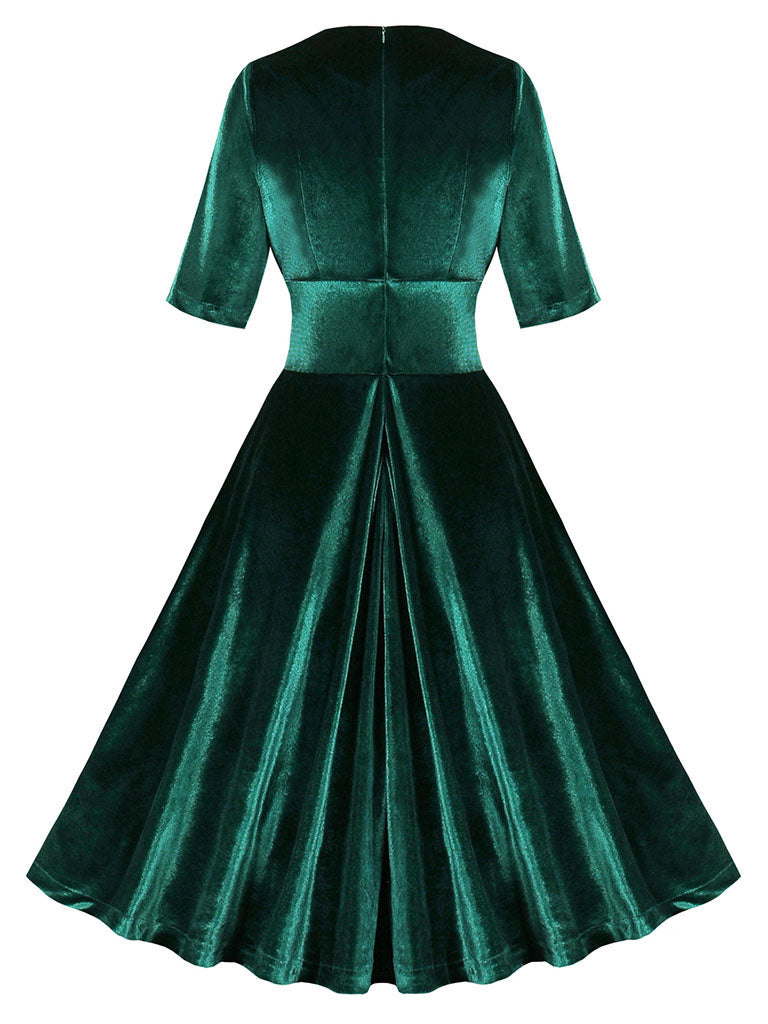 Dark Green V Neck Short Sleeve Velvet Vintage Swing Dress – Jolly Vintage