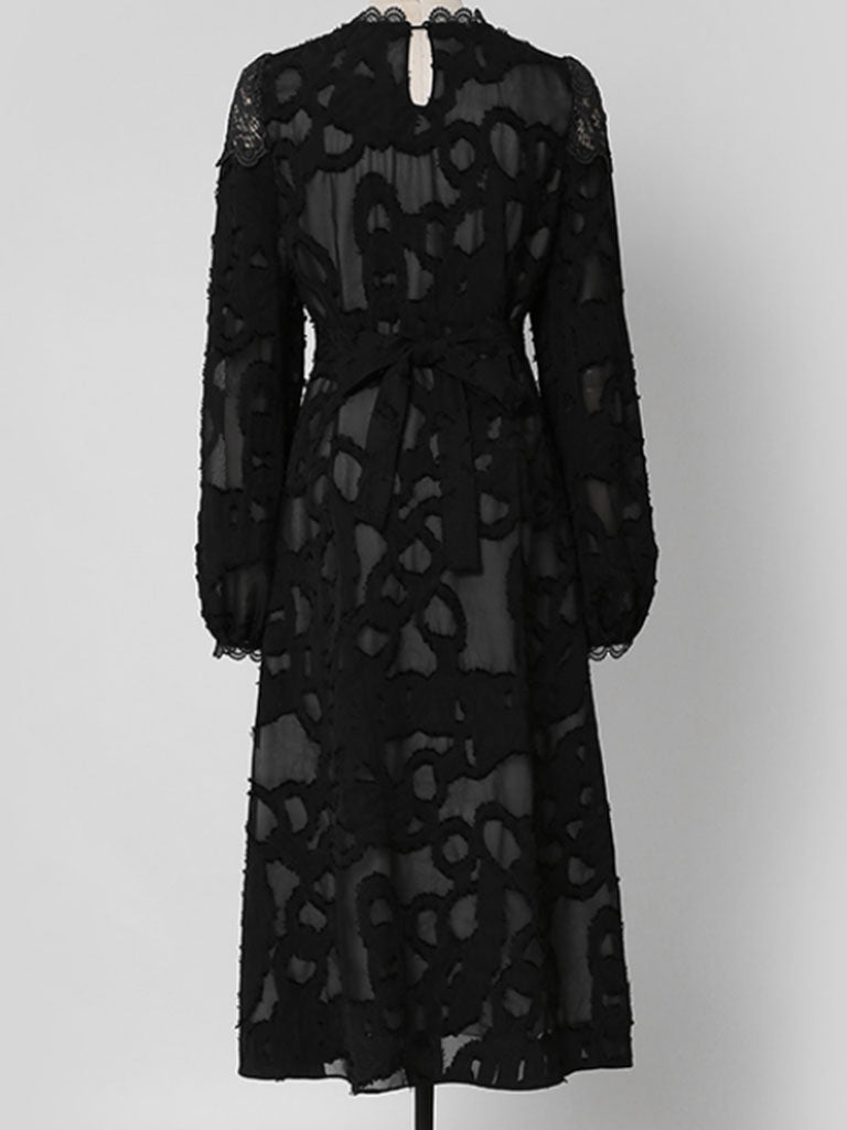 Black Semi Sheer Lace Long Sleeve 1950S Vintage Dress, Black / L Black Semi Sheer Lace Long Sleeve 1950S Vintage Dress, Black / L