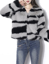 Load image into Gallery viewer, Black and White Zebra Stripes Faux Fur Long Sleeve Coat Women Winter Coat