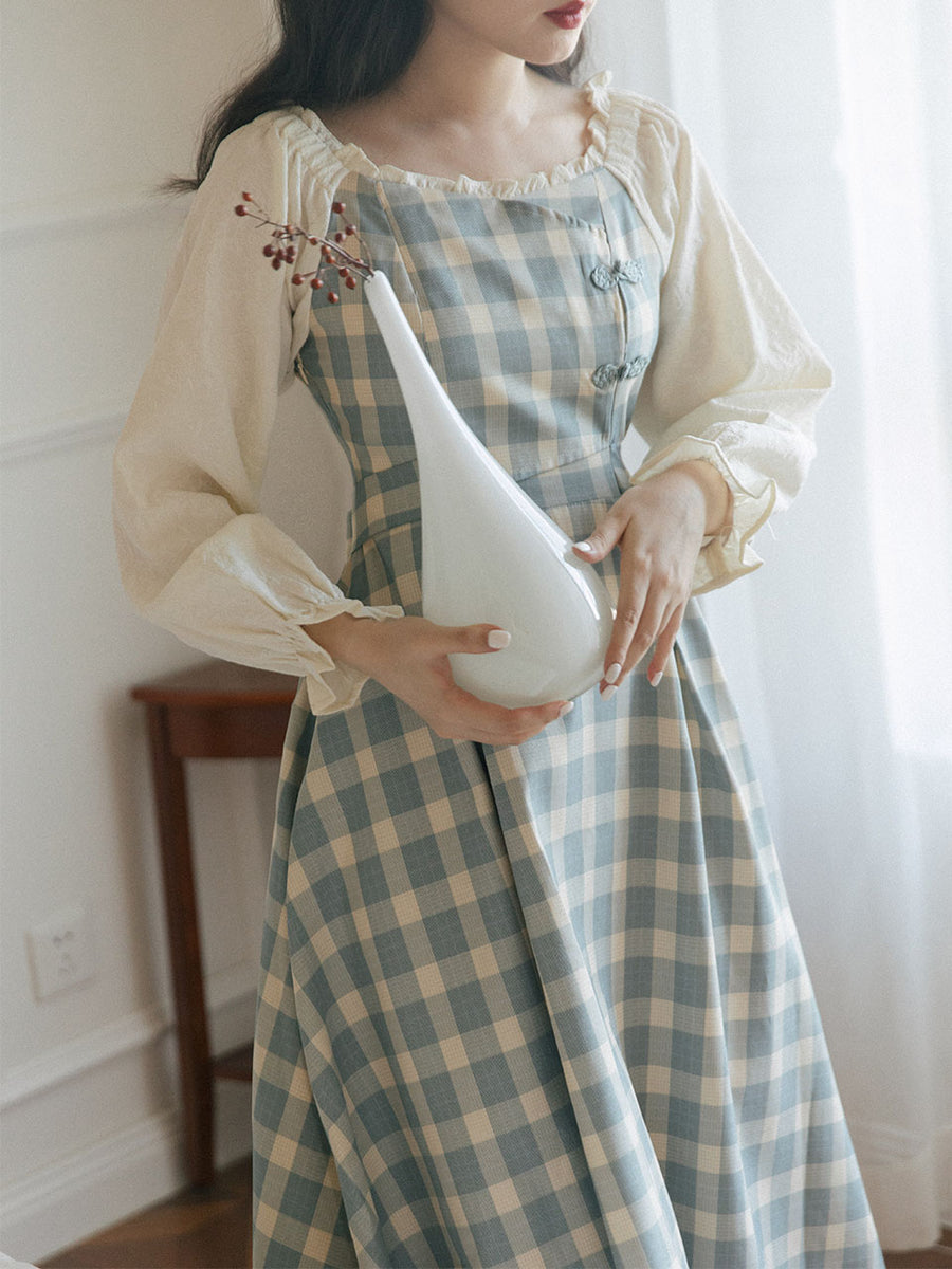 Plaid Crew Neck Long Sleeve Lace Vintage Victorian Swing Dress Jolly