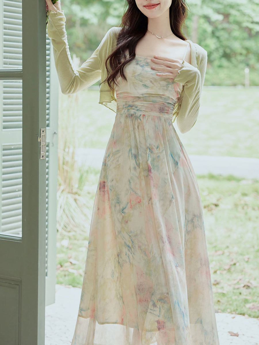 Bright Side Spaghetti Strap Ruched Detail Dress Floral Print Green