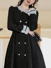 Load image into Gallery viewer, Black Crew Neck Tweed 1950s Swing Dress Coat With White Lace Ruffles