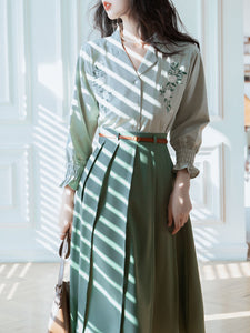2PS Green V Neck Long Sleeve Shirt And  Swing Skirt 1950S Dresss Set