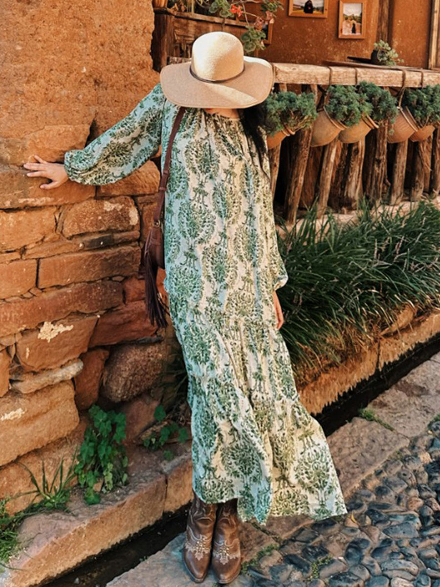 boho vintage maxi dress Women's Bohemian Green Print Outfit, Green / XS Size:US16W Ready-to-wear-sale lightweight fabric drapes gracefully White House Black Market