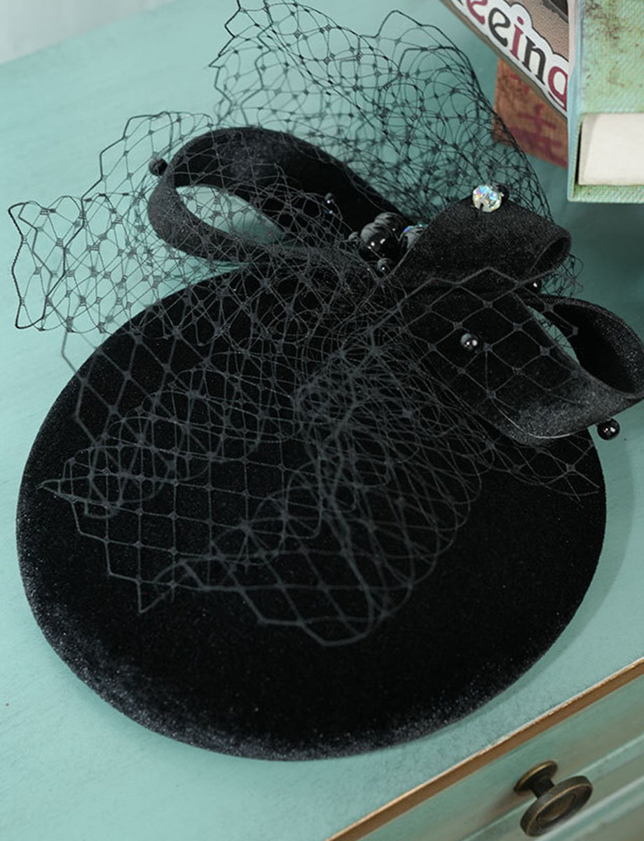 Black Handmade Bow Birdcage Veil Vintage Wool Beret – Jolly  display picture 1