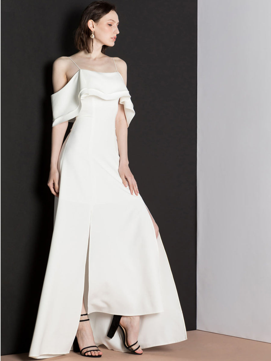 off shoulder ruffle dress white White Satin Mini Dress with Ruffles