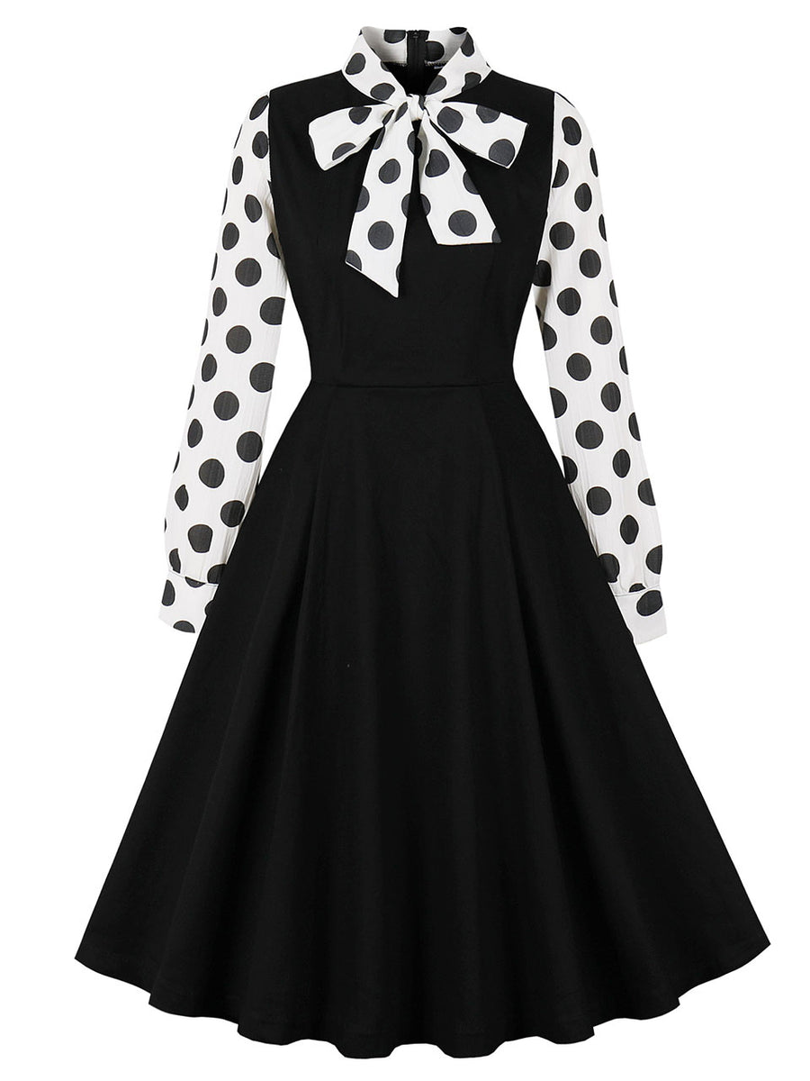Black And White Polka Dots Bow Collar 1950s Vintage Swing Dress Jolly