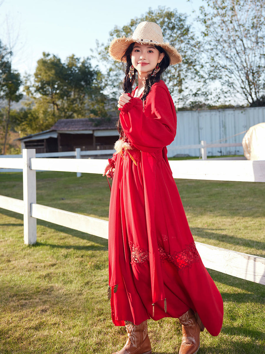 Red Bohemian V Neck Ruffled Lace High Waist Boho Maxi Dress, Red / M