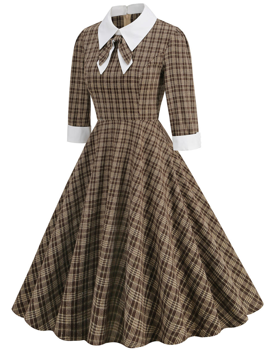 Big BowKnot Brown Plaid 3/4 Sleeve 1950S Vintage Dress Inspired By Mrs. Maisel, Brown / S Big BowKnot Brown Plaid 3/4 Sleeve 1950S Vintage Dress Inspired By Mrs. Maisel, Brown / S