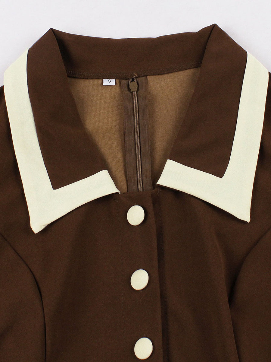 Brown Color Blocking Vintage Swing Dress, Brown / XL