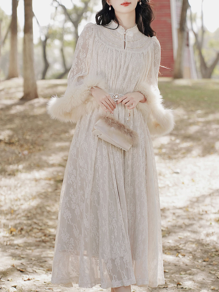 Apricot Lace Fur Sleeve 1950S Vintage Dress With Pearl Belt, Apricot / XS