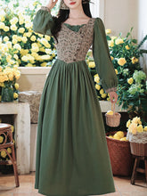 Load image into Gallery viewer, Green Floral Print Long Sleeve Vintage Cottagecore Cotton Dress