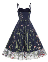 Load image into Gallery viewer, Wine Red Semi Mesh Flower Embroidered Spaghetti Strap Sleeveless 50S Swing Dress