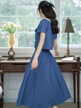 Load image into Gallery viewer, 2PS Blue Lace Peter Pan Collar Short Sleeve Shirt With Skirt Suits