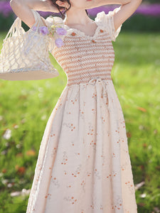 Apricot V Neck Floral Smocking Princess Puff Sleeve Vintage Dress