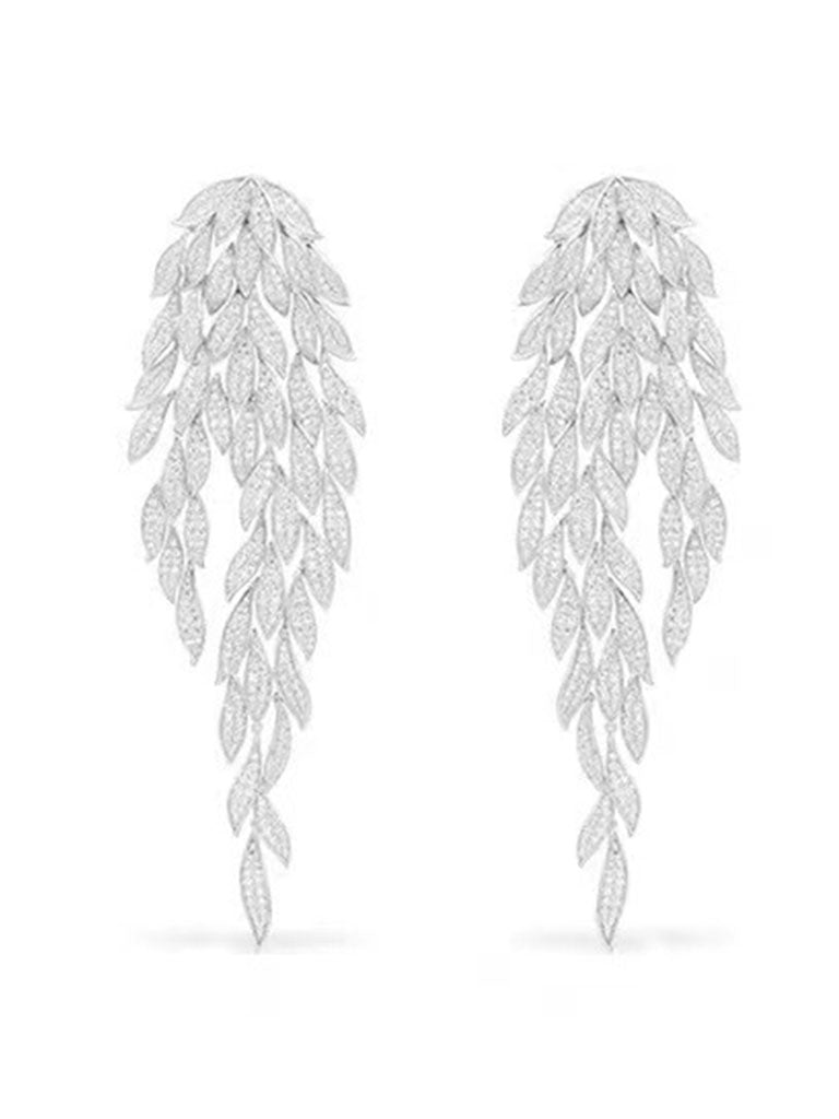 Luxurious Multilayered Leaf Rhinestone Tassel Long Earrings Jolly